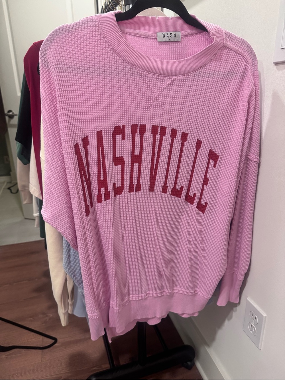 Ash Pink Crewneck Sweater with Red Nashville Script